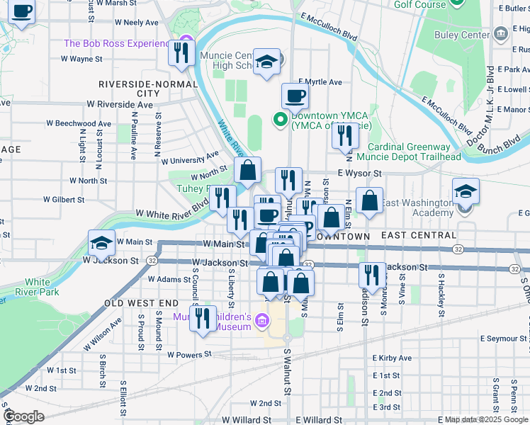 map of restaurants, bars, coffee shops, grocery stores, and more near in Muncie