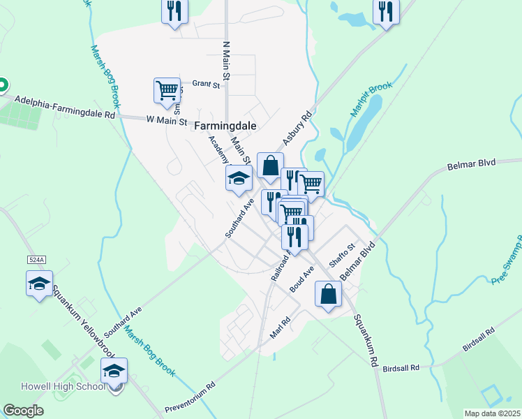 map of restaurants, bars, coffee shops, grocery stores, and more near 51 Main Street in Farmingdale
