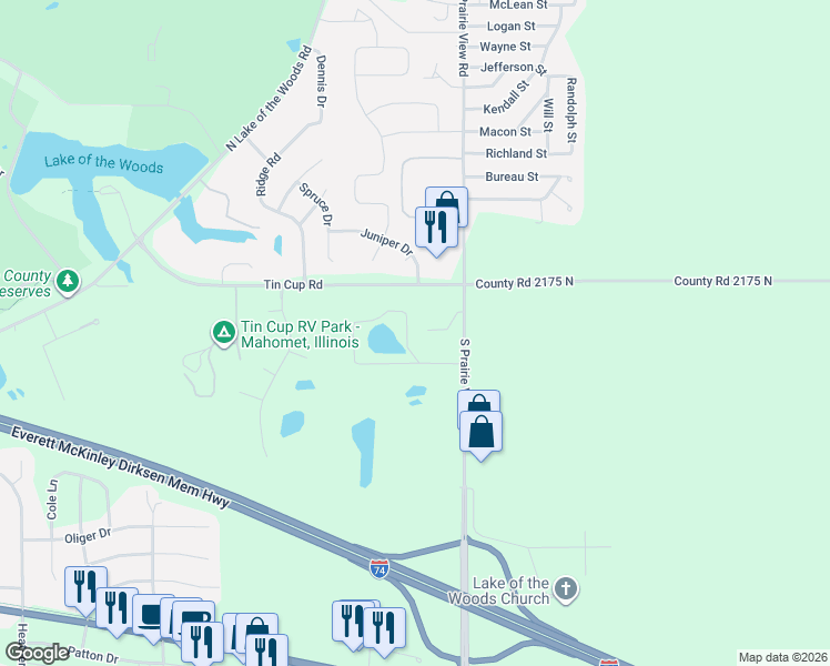 map of restaurants, bars, coffee shops, grocery stores, and more near 105 South Prairie View Road in Mahomet