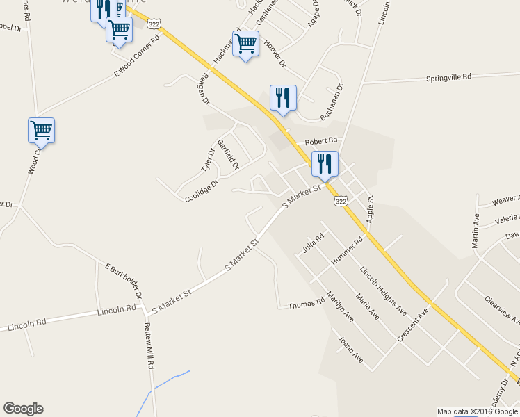 map of restaurants, bars, coffee shops, grocery stores, and more near 94 Oriole Drive in Ephrata