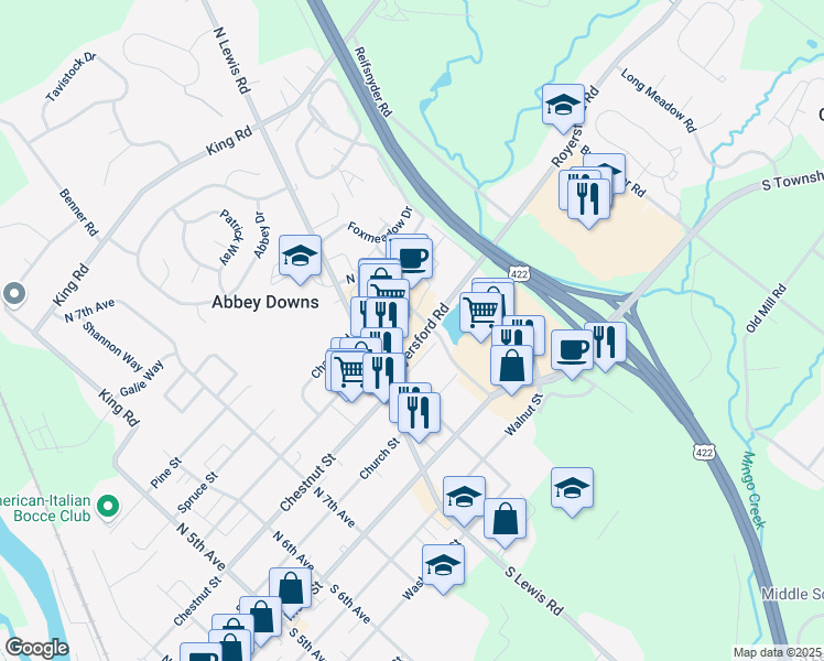 map of restaurants, bars, coffee shops, grocery stores, and more near 197 Royersford Road in Royersford