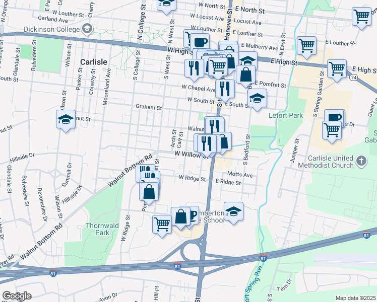 map of restaurants, bars, coffee shops, grocery stores, and more near 42 West Baltimore Street in Carlisle