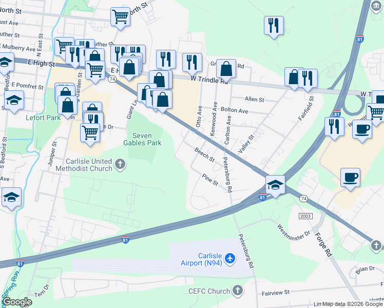 map of restaurants, bars, coffee shops, grocery stores, and more near 124 Beech Street in Carlisle