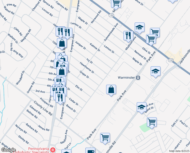 map of restaurants, bars, coffee shops, grocery stores, and more near 340 Hawthorne Street in Warminster
