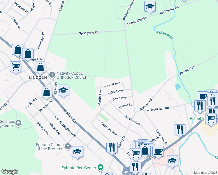 map of restaurants, bars, coffee shops, grocery stores, and more near 17 Weaver Avenue in Ephrata