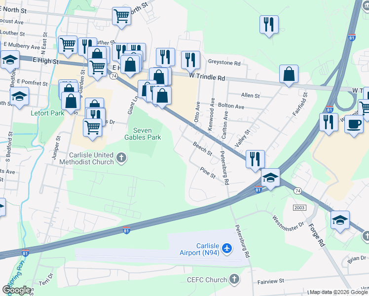map of restaurants, bars, coffee shops, grocery stores, and more near 124 Beech Street in Carlisle
