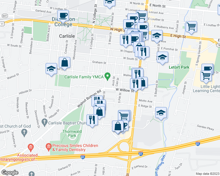map of restaurants, bars, coffee shops, grocery stores, and more near 432 Arch Street in Carlisle