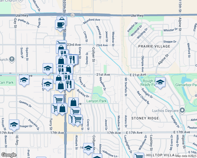 map of restaurants, bars, coffee shops, grocery stores, and more near 2045 Meadow Drive in Longmont