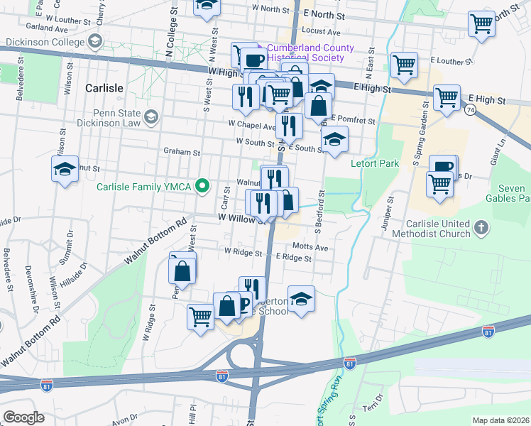 map of restaurants, bars, coffee shops, grocery stores, and more near 416 South Hanover Street in Carlisle