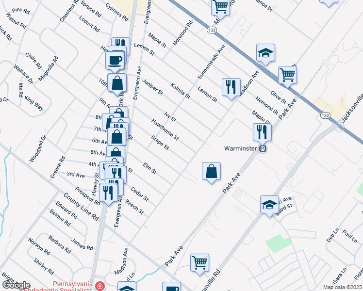 map of restaurants, bars, coffee shops, grocery stores, and more near 340 Hawthorne Street in Warminster