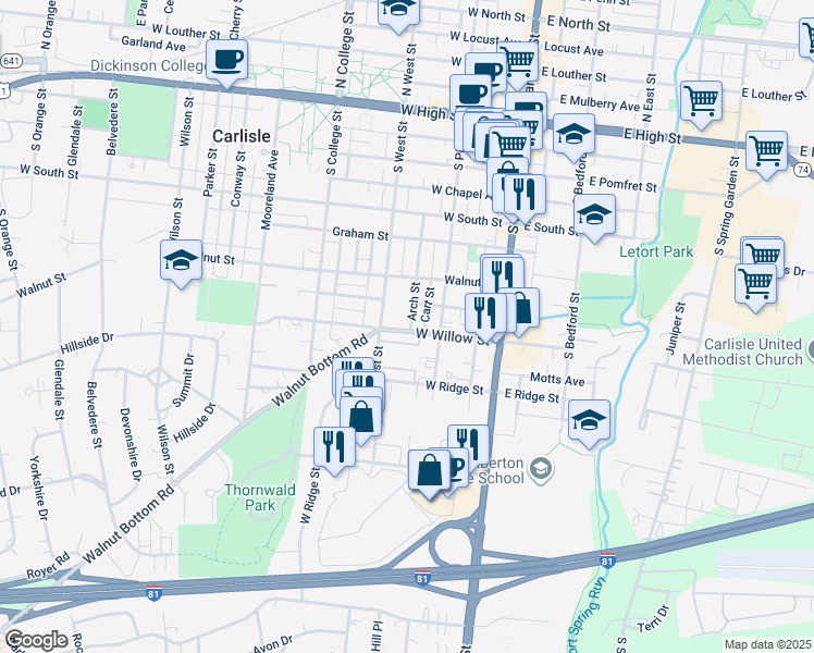 map of restaurants, bars, coffee shops, grocery stores, and more near 430 Arch Street in Carlisle