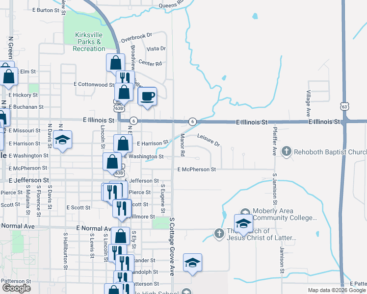 map of restaurants, bars, coffee shops, grocery stores, and more near 85-137 Manor Road in Kirksville