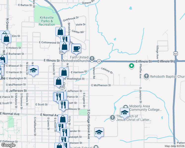 map of restaurants, bars, coffee shops, grocery stores, and more near 85-137 Manor Road in Kirksville