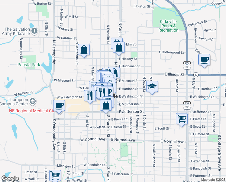 map of restaurants, bars, coffee shops, grocery stores, and more near in Kirksville