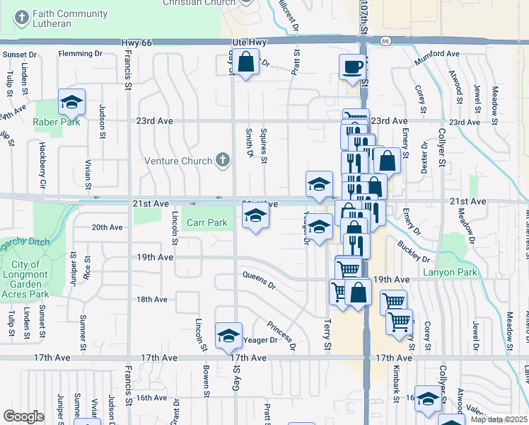 map of restaurants, bars, coffee shops, grocery stores, and more near 1021 21st Avenue in Longmont