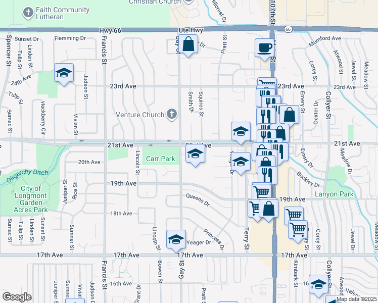 map of restaurants, bars, coffee shops, grocery stores, and more near 1301 21st Avenue in Longmont