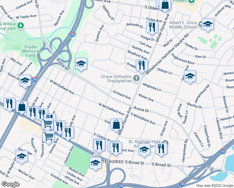 map of restaurants, bars, coffee shops, grocery stores, and more near 1836 Orchard Avenue in Hamilton Township