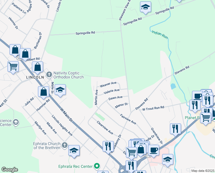 map of restaurants, bars, coffee shops, grocery stores, and more near 35 Weaver Avenue in Ephrata