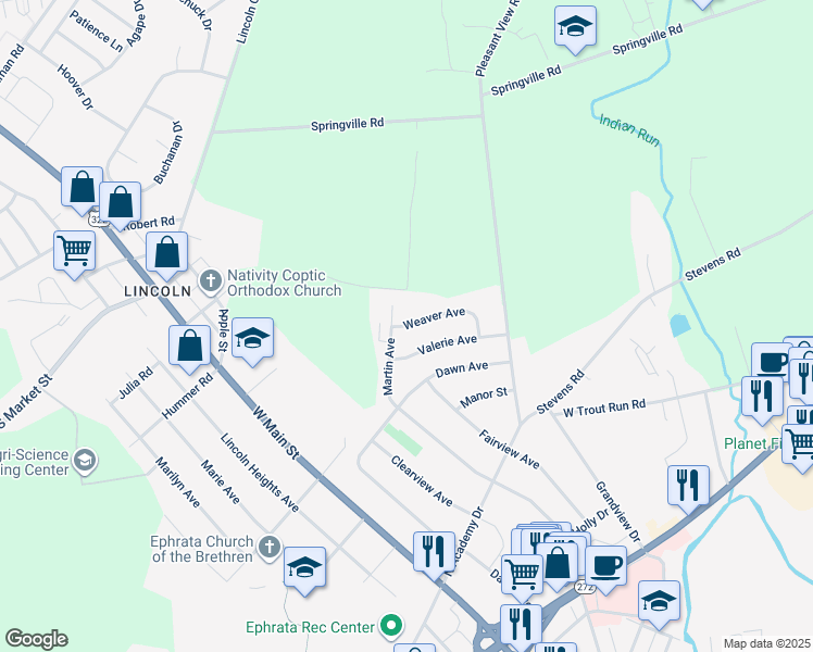map of restaurants, bars, coffee shops, grocery stores, and more near 8 Weaver Avenue in Ephrata