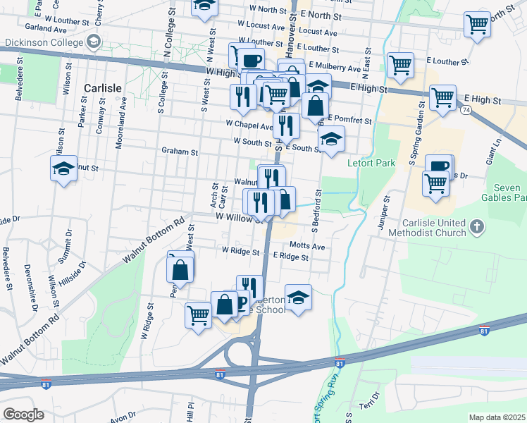 map of restaurants, bars, coffee shops, grocery stores, and more near 416 South Hanover Street in Carlisle