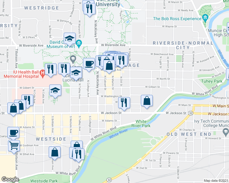 map of restaurants, bars, coffee shops, grocery stores, and more near 222 North Martin Street in Muncie