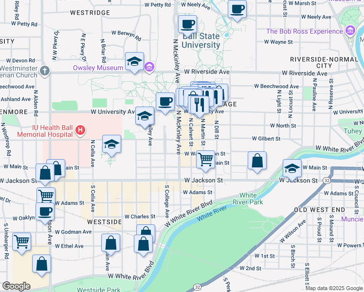 map of restaurants, bars, coffee shops, grocery stores, and more near 223 North Calvert Street in Muncie