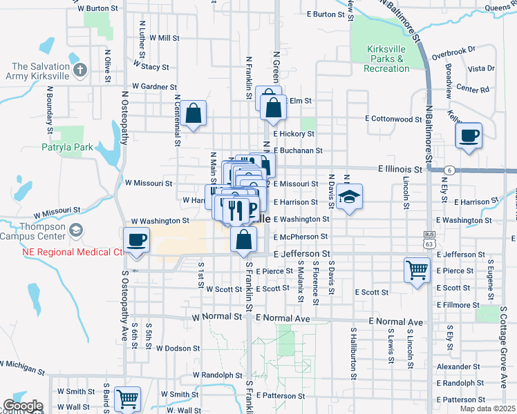 map of restaurants, bars, coffee shops, grocery stores, and more near in Kirksville