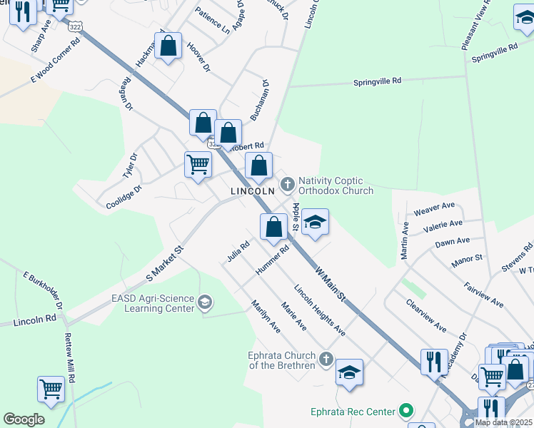 map of restaurants, bars, coffee shops, grocery stores, and more near 1354 West Main Street in Ephrata