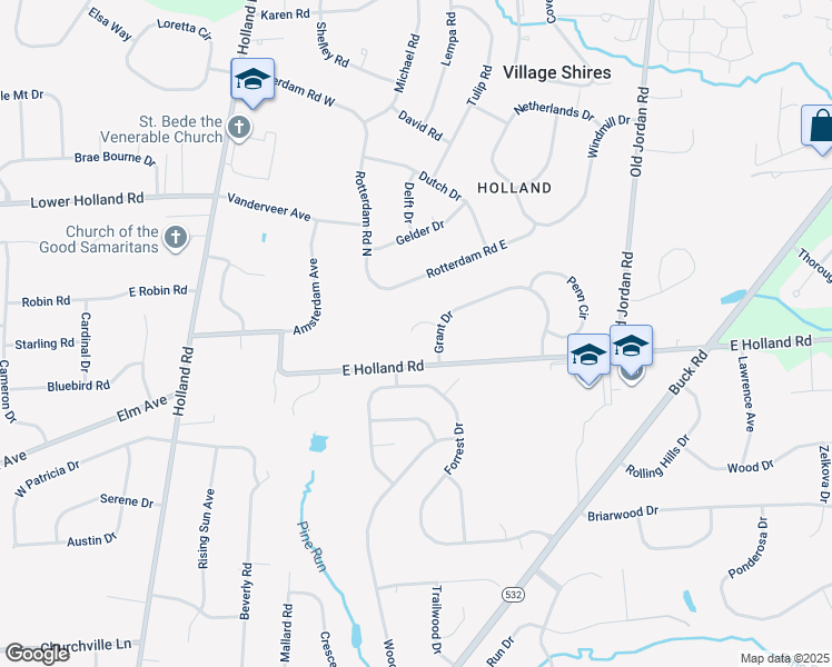 map of restaurants, bars, coffee shops, grocery stores, and more near 11 Jefferson Court in Village Shires