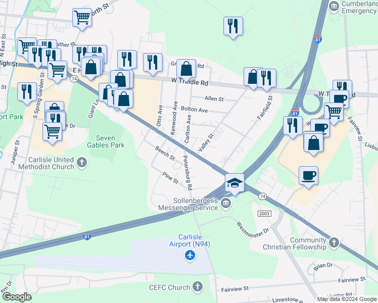 map of restaurants, bars, coffee shops, grocery stores, and more near 226 York Road in Carlisle