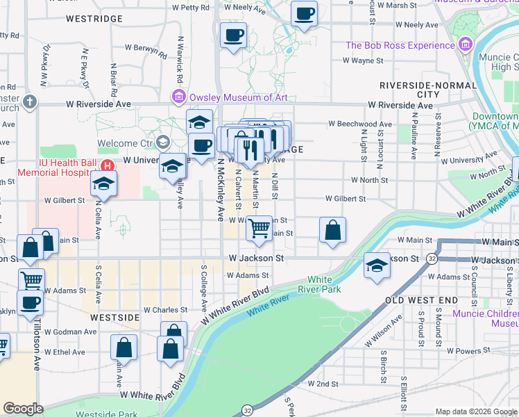 map of restaurants, bars, coffee shops, grocery stores, and more near 222 North Martin Street in Muncie