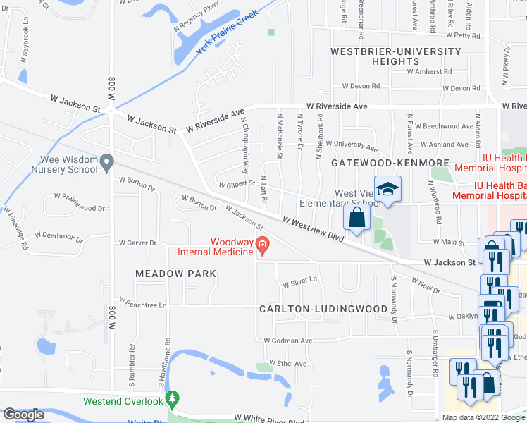 map of restaurants, bars, coffee shops, grocery stores, and more near 4100 West Westview Boulevard in Muncie