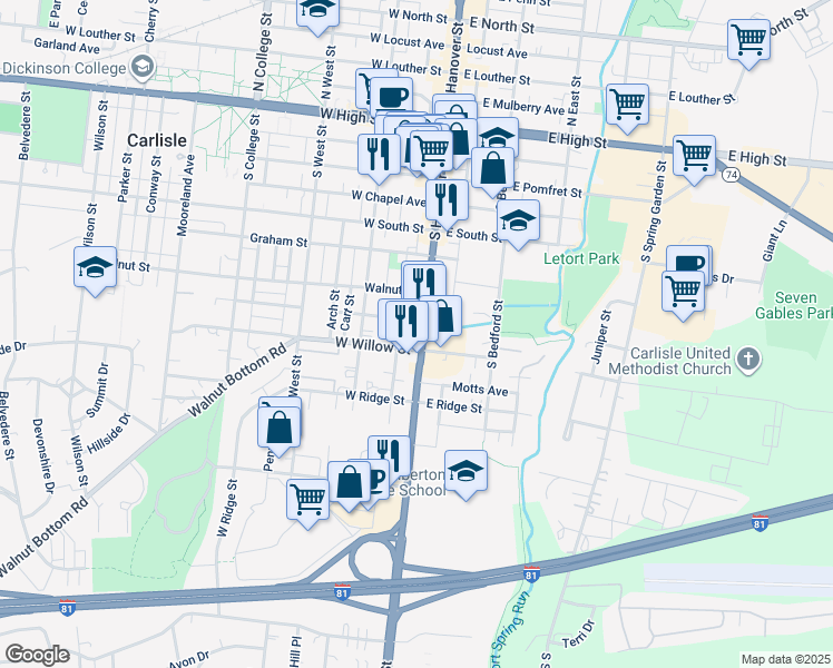 map of restaurants, bars, coffee shops, grocery stores, and more near 416 South Hanover Street in Carlisle