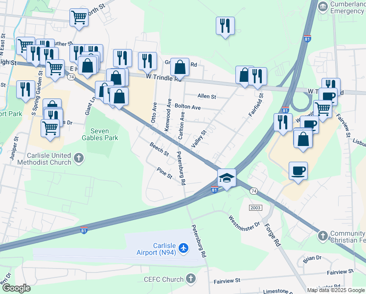 map of restaurants, bars, coffee shops, grocery stores, and more near 226 York Road in Carlisle