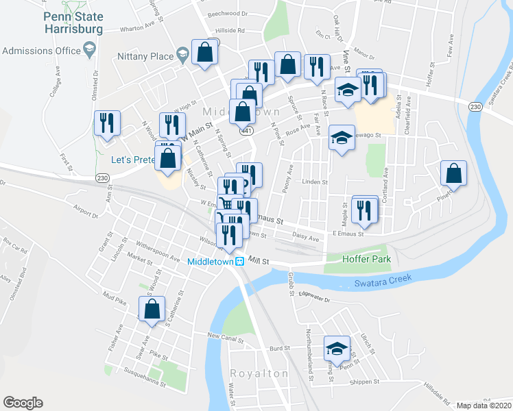 map of restaurants, bars, coffee shops, grocery stores, and more near 20 Astor Avenue in Middletown