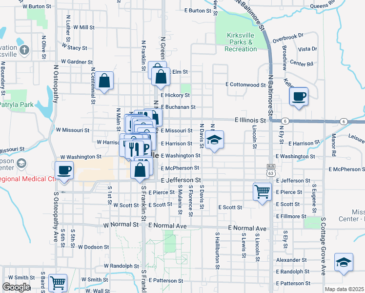 map of restaurants, bars, coffee shops, grocery stores, and more near 124 North Mulanix Street in Kirksville