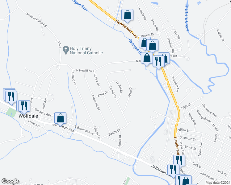 map of restaurants, bars, coffee shops, grocery stores, and more near 188 Laddie Drive in Washington