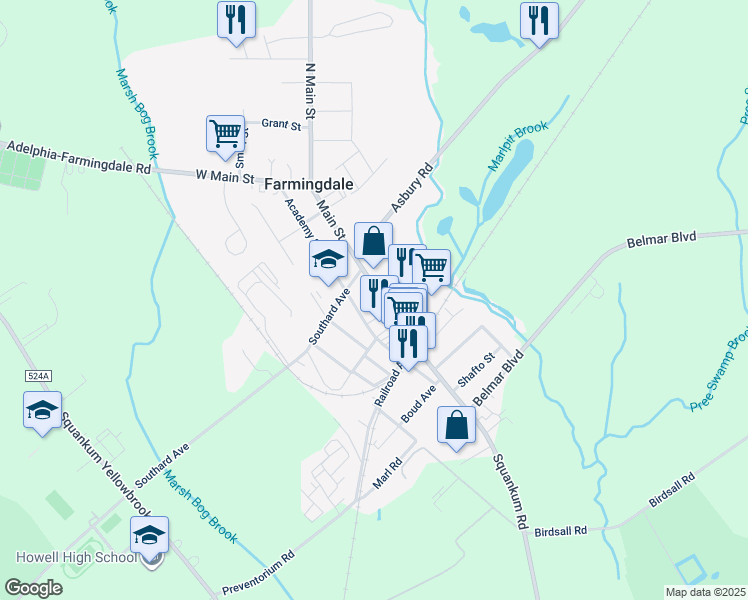 map of restaurants, bars, coffee shops, grocery stores, and more near 51 Main Street in Farmingdale
