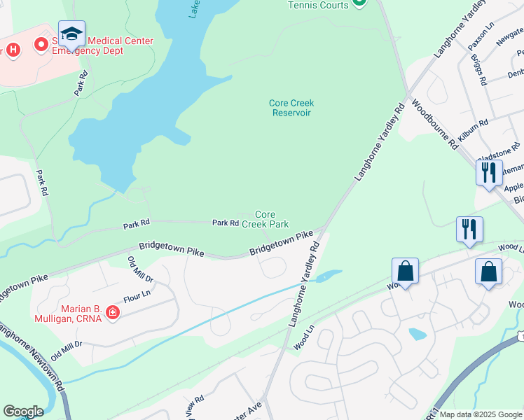 map of restaurants, bars, coffee shops, grocery stores, and more near 901 Bridgetown Pike in Langhorne