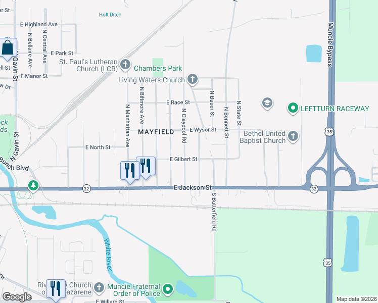 map of restaurants, bars, coffee shops, grocery stores, and more near 206 North Claypool Road in Muncie