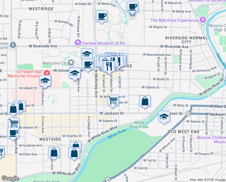 map of restaurants, bars, coffee shops, grocery stores, and more near 222 North Martin Street in Muncie