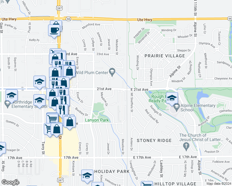 map of restaurants, bars, coffee shops, grocery stores, and more near 2052 Estes Lane in Longmont