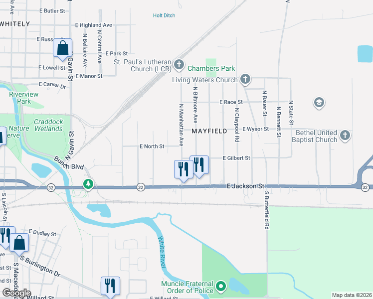 map of restaurants, bars, coffee shops, grocery stores, and more near 300 North Manhattan Avenue in Muncie