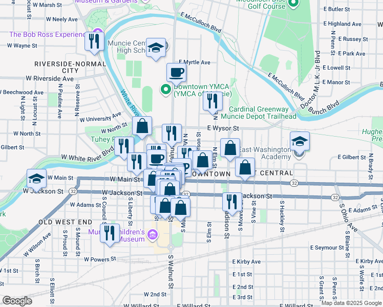 map of restaurants, bars, coffee shops, grocery stores, and more near 220 East Gilbert Street in Muncie
