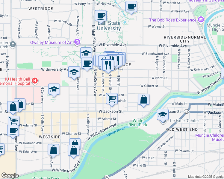 map of restaurants, bars, coffee shops, grocery stores, and more near 222 North Martin Street in Muncie