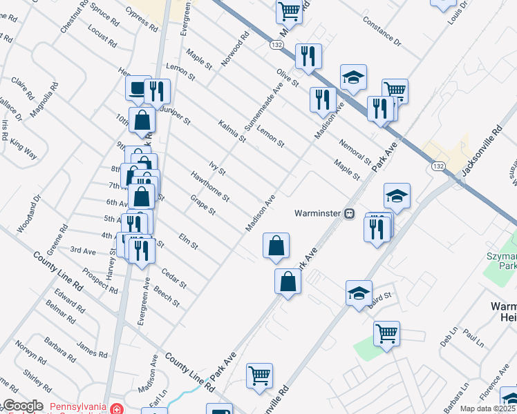 map of restaurants, bars, coffee shops, grocery stores, and more near 300 Madison Avenue in Warminster