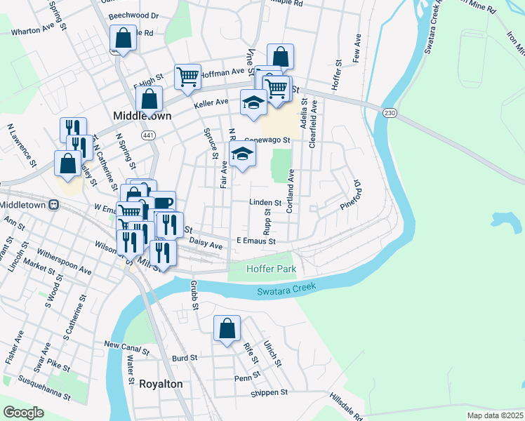 map of restaurants, bars, coffee shops, grocery stores, and more near 51 Rupp Street in Middletown