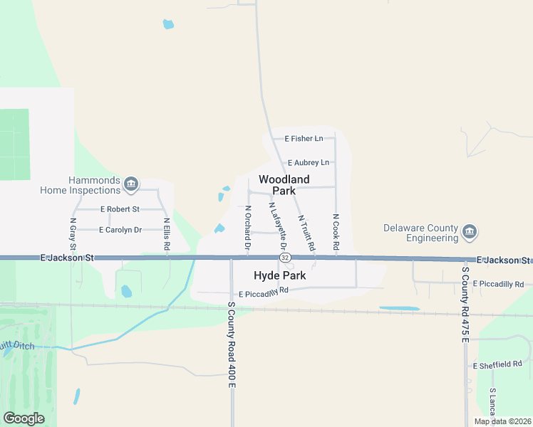 map of restaurants, bars, coffee shops, grocery stores, and more near 300 North Orchard Drive in Muncie