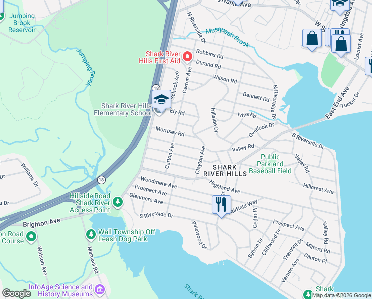 map of restaurants, bars, coffee shops, grocery stores, and more near 414 Moore Rd in Neptune Township