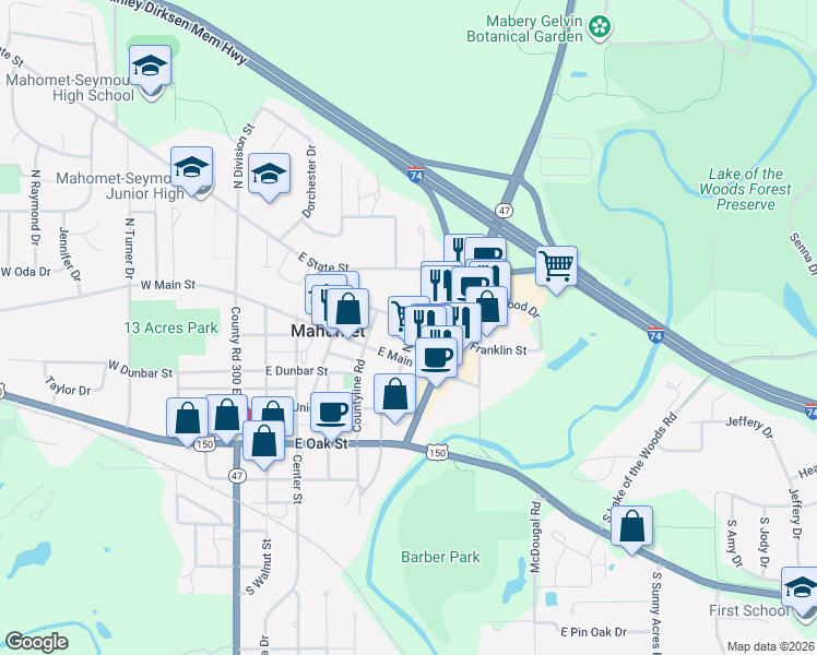 map of restaurants, bars, coffee shops, grocery stores, and more near 511 East Franklin Street in Mahomet